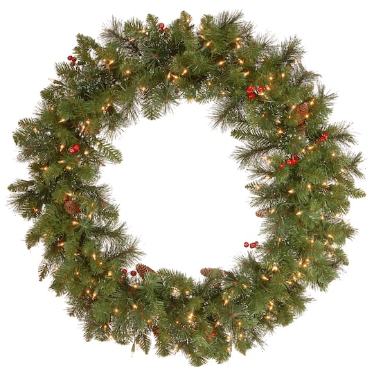 36&#x22; Crestwood Spruce Wreath with Silver Bristle, Cones, Red Berries &#x26; Glitter with 200ct. Clear Lights